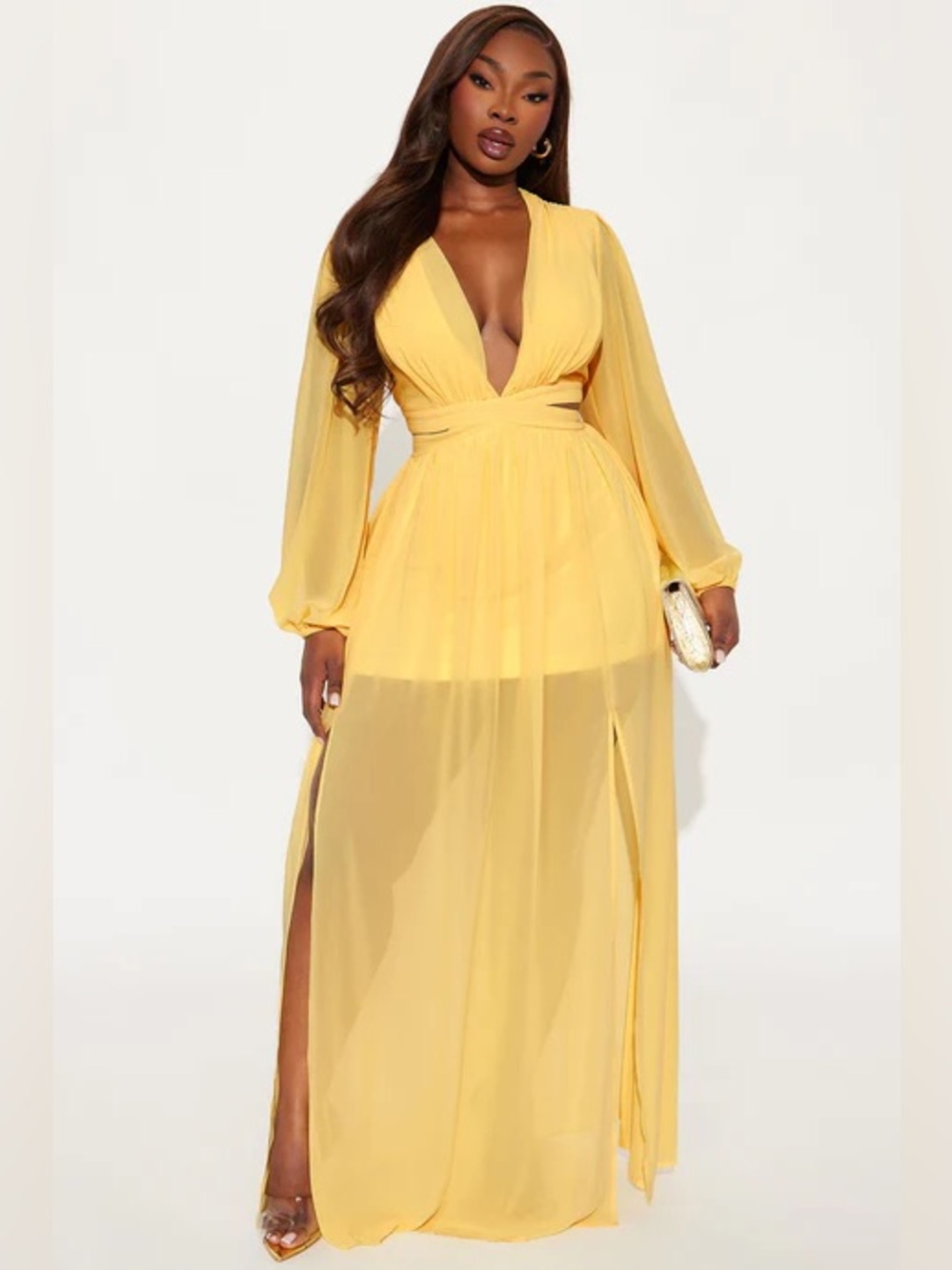 Deep V Yellow Maxi Dress with Long Sleeves